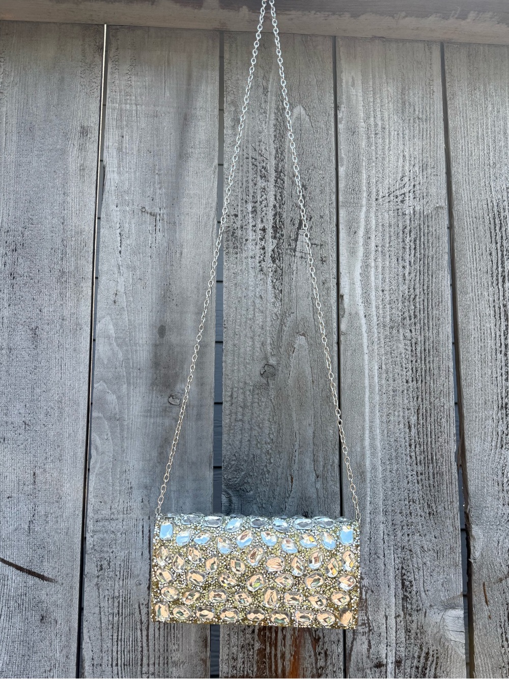 Crystal Embellished Silver Evening Clutch with Chain Strap